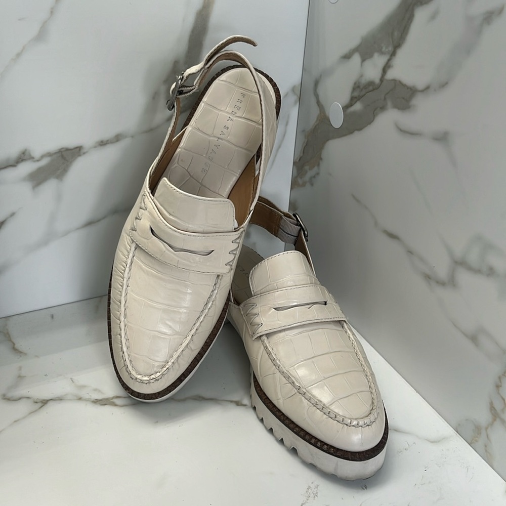 Freda Salvador creme croc embossed slingback loafer worn 2x